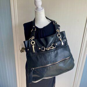 B Makowsky Black Genuine Soft Leather Satchel Metal Adornments Carryall Bag